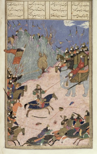Rustam Sleurt de Khaqan van zijn Olifant, illustratie uit de Shahnama (Boek der Koningen) door Abul-Qasim Manur Firdawsi, ca. 1440-45 door Persian School
