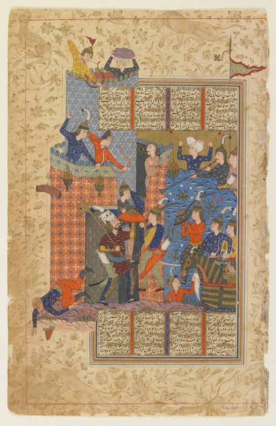Rustam en zijn mannen vallen het paleis van Afrasiyab aan uit een Shahnama door Persian School