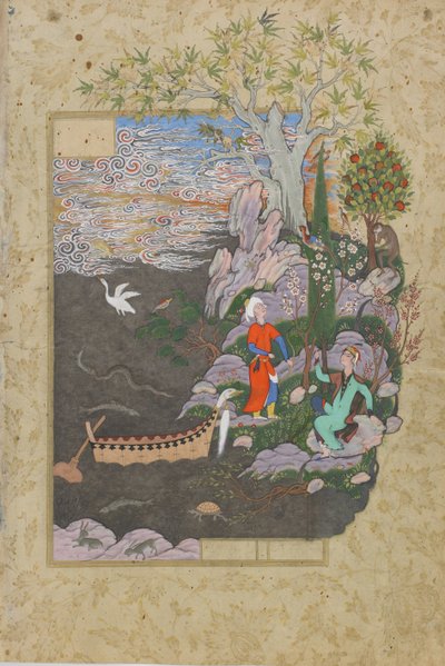 Salaman en Absal rusten op het gelukkige eiland, folio uit een Haft awrang (Zeven tronen) door Jami (gest. 1492) waarschijnlijk Mashad, Khurasan, Iran, Safavid dynastie, 1556-1565 door Persian School