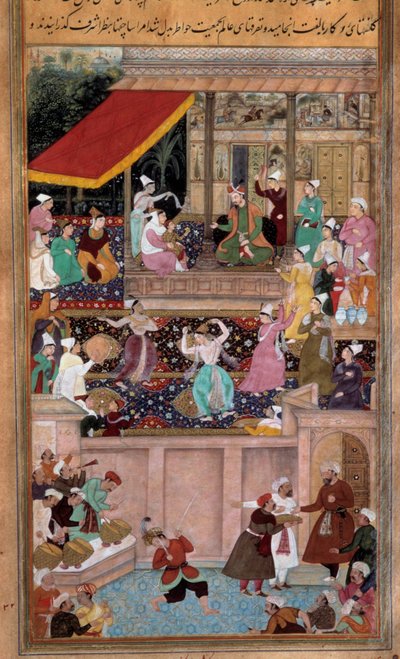 Scène van dansen, muziek, amusement aan het hof van een sultan. Perzische miniatuur door Persian School