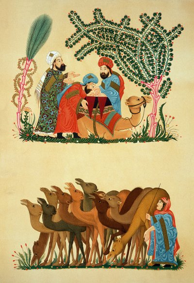 Scènes uit een manuscript van de Maqamat van Al-Hariri, gegraveerd door Lestel, gepubliceerd door Lemercier, Parijs door Persian School