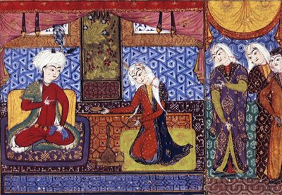 Shakar van Isfahan biedt wijn aan Khusraw, ca. 1505 door Persian School