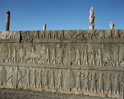 Onderworpen volkeren bieden geschenken aan Darius I. Reliëfs van de oostelijke trap van de Apadana, 6e eeuw v.Chr. door Persian School