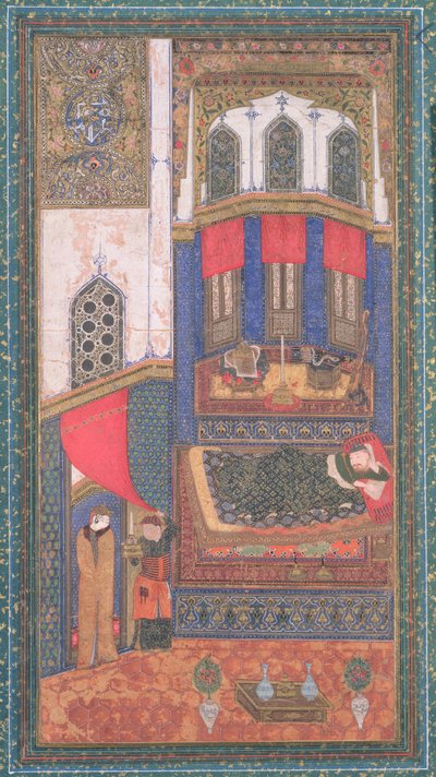 Tahmina komt in Rustams kamer, illustratie uit de Shahnama (Boek der Koningen), door Abul-Qasim Manur Firdawsi, uit Herat, Afghanistan, c.1410 door Persian School