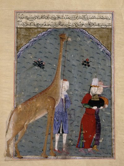 De Ambassadeurs van de Egyptische Sultan al-Nasir Faraj ibn Barquq Presenteren hun Geschenken van Tribut, Inclusief een Giraffe, aan Timur, illustratie uit Zafarnama van Sharaf al-Din Ali Yazdishiraz, 1436 door Persian School
