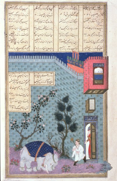 Het Kind Rustam Doodt de Gekke Olifant, illustratie uit de Shahnama (Boek der Koningen) door Abul-Qasim Manur Firdawsi, ca. 1440-45 door Persian School