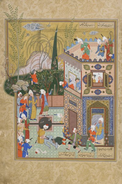De wispelturige oude minnaar wordt van het dak gegooid, folio uit een Haft awrang (Zeven tronen) door Jami (gest. 1492) waarschijnlijk Mashad, Khurasan, Iran, Safavidische dynastie, 1556-1565 door Persian School