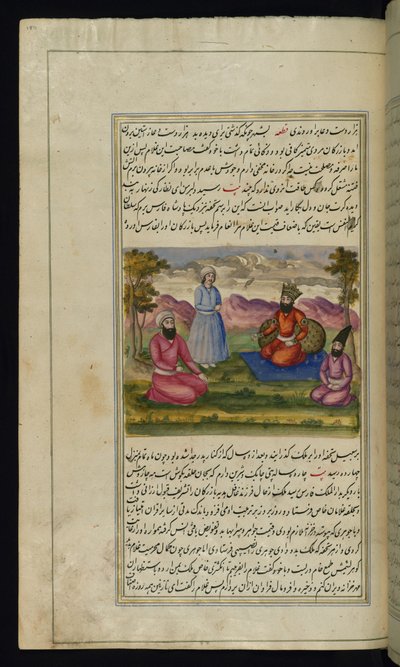 De koning van Fars koopt een slaaf van een koopman, niet wetende dat de slaaf zijn zoon is uit Lichten van Canopus, 1847 door Persian School