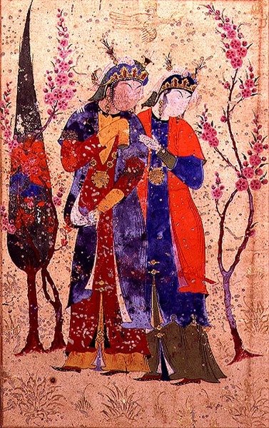 Twee prinsessen in een tuinlandschap, uit de Tohfat Al-Ahrar, Bokhara School door Persian School
