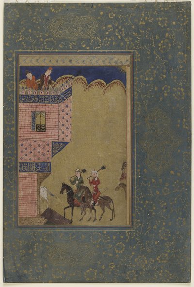 Twee ruiters met knuppels naderen een kasteel, ca. 1417-18 door Persian School