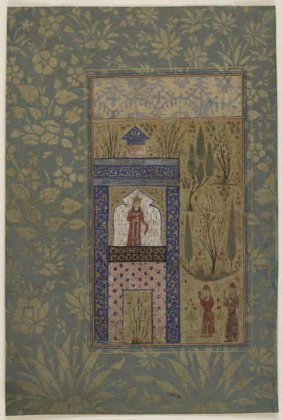 Twee jongeren voor een prinses bij een raam, c.1417-18 door Persian School
