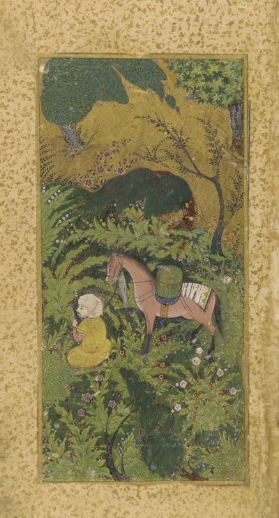 Wachtende bruidegom met paard in beboste bosjes, waarschijnlijk Tabriz, Turkoman dynastie, ca.1500 door Persian School