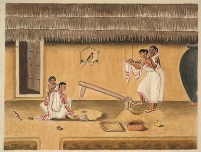 Vrouwen pellen rijst met een dhenki, ca. 1840 (waterverf op papier) door Persian School