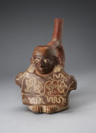 Beugel tuitvat dat een man afbeeldt die een versierd textiel vasthoudt, 100 v.Chr.-A.D. 500 door Peruvian School