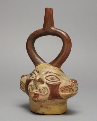 Stijgbeugelvat in de vorm van een veelkoppig katachtig wezen, 250-500 n.Chr. (keramiek en pigment) door Peruvian School
