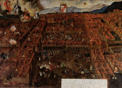 Uitzicht op Cuzco ten tijde van de aardbeving van 1650 door Peruvian School