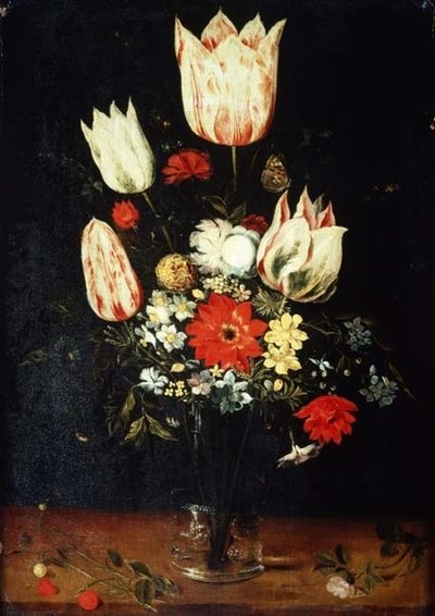 Bloemen in een Glazen Vaas op een Richel door Peter Binoit