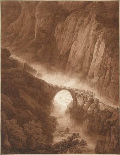 De Duivelsbrug in de Schöllenenschlucht op de Weg over de St. Gotthardpas met een Muilezelkaravaan door Peter Birmann