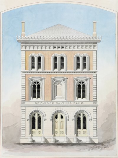 Dry Dock Savings Bank, New York City, New York, Wedstrijd ontwerptekening door Peter Bonnett Wight