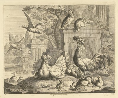 Haan, hen met kuikentjes en andere vogels in een tuin met antieke ruïnes Verschillende vogels (serie) door Peter Casteels (III)