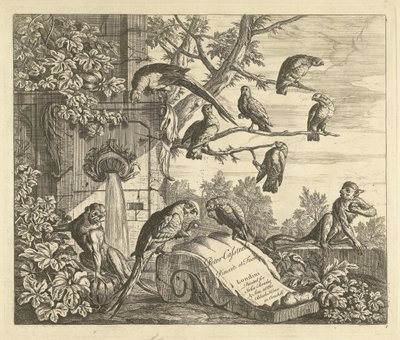 Papegaaien en aapjes bij een tuinfontein door Peter Casteels (III)
