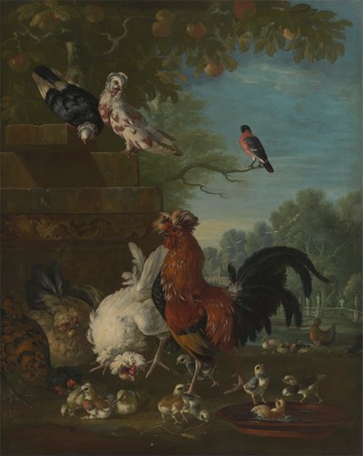 Haan, hennen en kuikens in een park door Peter Casteels