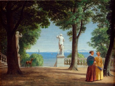 Uitzicht op Kullen vanaf een tuinterras met beelden door Peter Christian Skovgaard