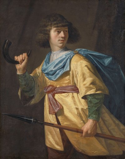 Portret van een jonge man met een speer en een jachthoorn door Peter Danckerts de Rij