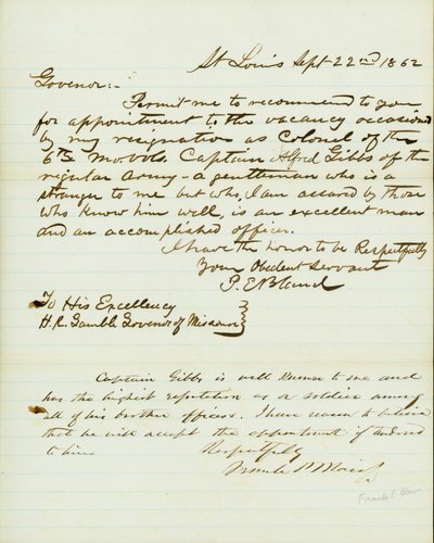 Brief ondertekend P.E. Bland, St. Louis, aan H.R. Gamble, Gouverneur van Missouri, 22 september 1862 door Peter E. Bland