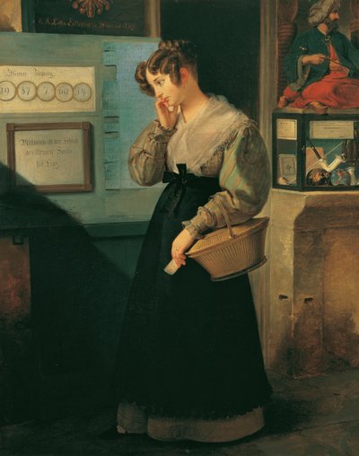 Meisje voor een Loterijwinkel, 1829 door Peter Fendi