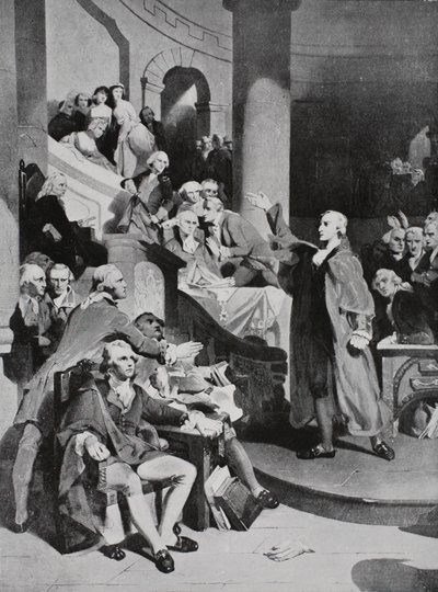 Patrick Henry die zijn beroemde toespraak houdt in het Huis van Burgesses door Peter Frederick Rothermel