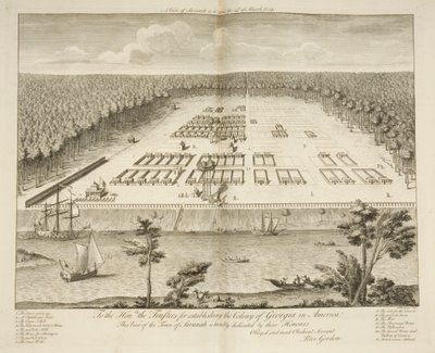 Een uitzicht op Savannah zoals het stond op 29 maart 1734, gegraveerd door P. Fourdrinier, Londen, c.1735 door Peter Gordon