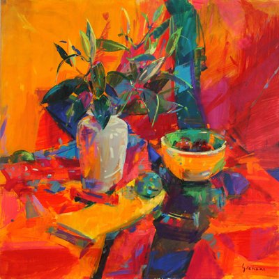 Lelies op een rode ondergrond, 2012 door Peter Graham (Contemporary)