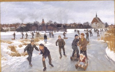 Kinderen schaatsen buiten Fåborg door Peter Hansen