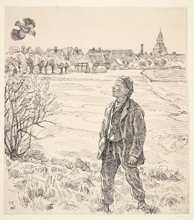 De jongen en de kievit. Faaborg met de kerk op de achtergrond door Peter Hansen