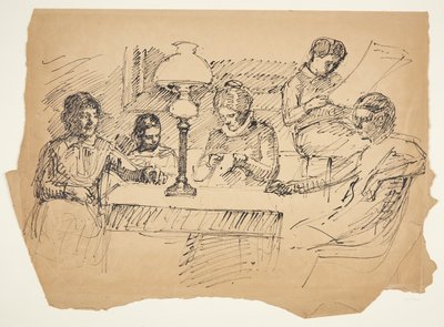 De familie van de kunstenaar zittend rond een tafel met een petroleumlamp door Peter Hansen
