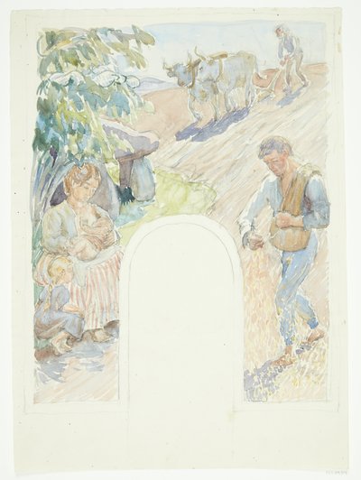 Landbouw. Schets voor geplande fresco in Faaborg door Peter Hansen