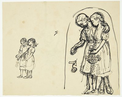 Twee kleine meisjes die bloemen strooien. Twee schetsen op hetzelfde blad door Peter Hansen
