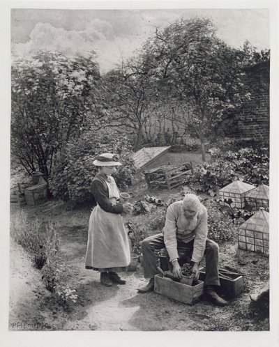 Een oude man en zijn dochter in de tuin door Peter Henry Emerson