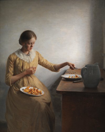 Een jong meisje bereidt cantharellen door Peter Vilhelm Ilsted