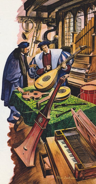 Een maker van muziekinstrumenten in zijn winkel in de Tudor-tijd door Peter Jackson