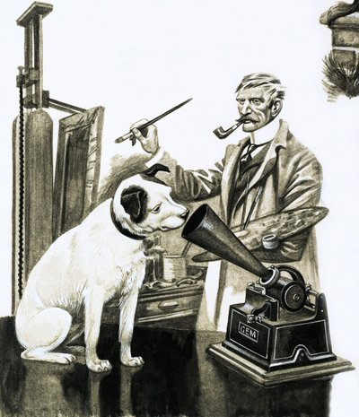 Kunstenaar schildert de hond die naar een grammofoon luistert door Peter Jackson
