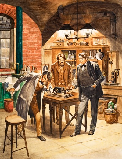 Edison demonstreert de eerste fonograaf in zijn laboratorium door Peter Jackson