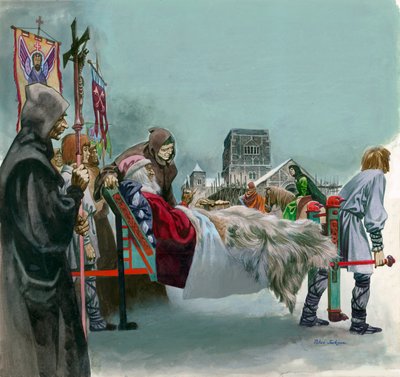 Koning Edward, later Sint Edward de Belijder, kijkt naar de bouw van Westminster vanuit een draagstoel waar hij ziek ligt door Peter Jackson