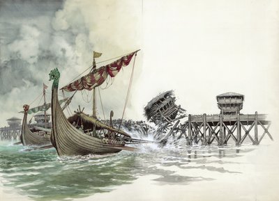 London Bridge wordt afgebroken tijdens de Vikingaanval onder leiding van Olaf de Noorman in 1014 door Peter Jackson