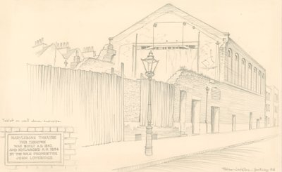 Marylebone Theatre, Londen, achterkant van het theater in Mulready Street (oorspronkelijk Little Church Street) door Peter Jackson