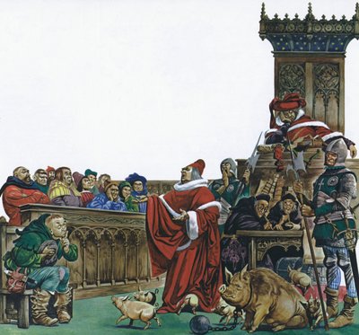 Middeleeuwse rechtbank waarin dieren werden berecht (kleur litho) door Peter Jackson