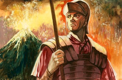 Romeinse soldaat met uitbarstende Vesuvius op de achtergrond door Peter Jackson