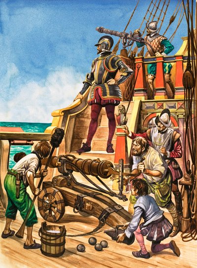De komst van kanonnen. De kanonbemanning op een Elizabethaans schip door Peter Jackson