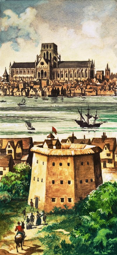 De buitenkant van het Globe Theatre aan de rivier bij Bankside door Peter Jackson